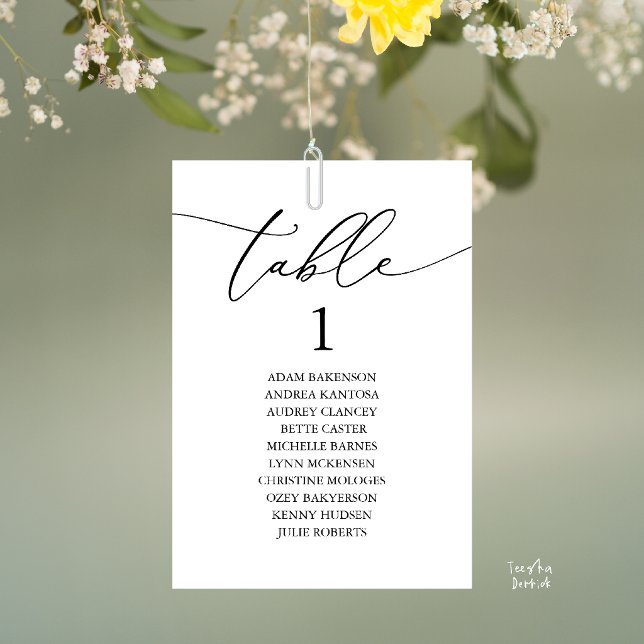 Elegant Black White Wedding Table Seating Chart Number (Elegant Wedding Dinner Table Hanging Seating Chart Card, with Table Number Guest Names Black White)