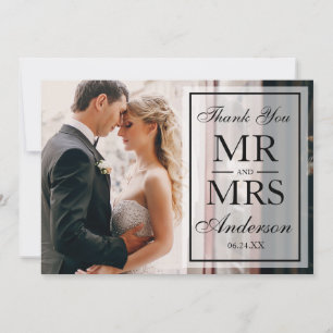 Elegant Black & White Wedding Thank You Photo Blk Card