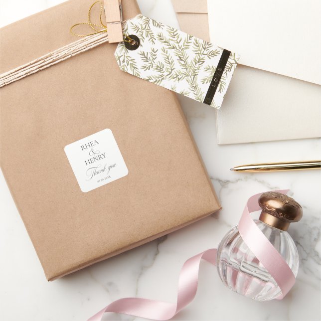 Elegant Black & White Wedding Thank You Square Sticker (Gifting)