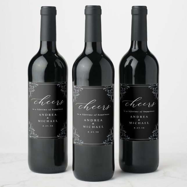 Elegant Black & White Wedding Wine Wine Label (Bottles)