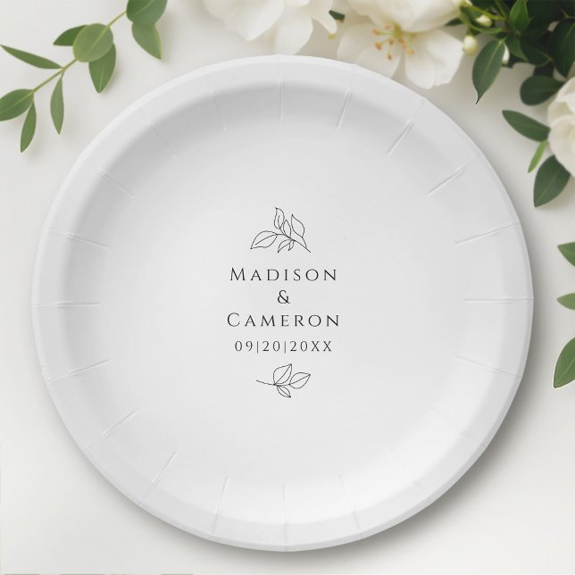 Elegant Black White Weddings Leaves Names & Date Paper Plate (Creator Uploaded)