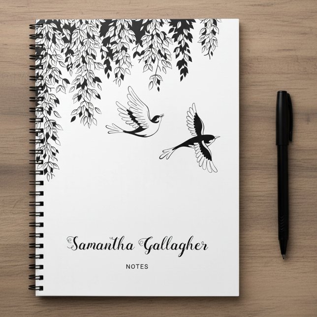 Elegant Black White Weeping Birch Flying Birds Notebook (Creator Uploaded)