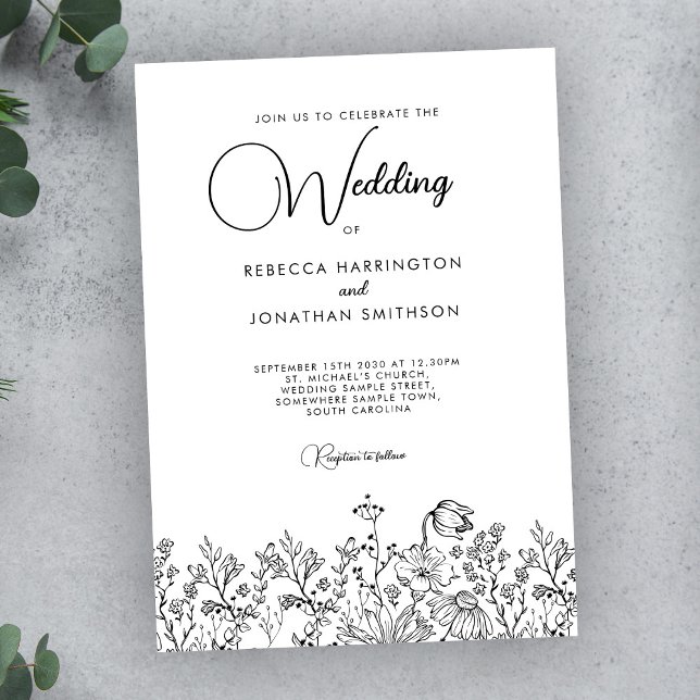 Elegant Black White Wildflowers Photo Wedding Invitation (Creator Uploaded)