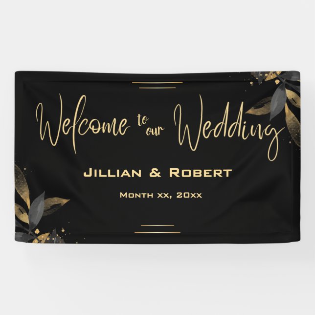 Elegant Black & White, With Gold Wedding Hanging Banner (Horizontal)