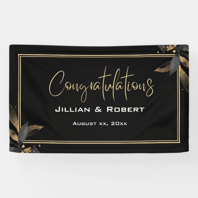 Elegant Black & White, With Gold Wedding Reception Banner (Horizontal)