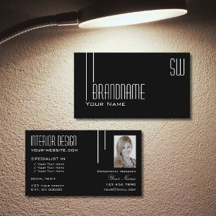 Elegant Black White with Monogram and Photo Modern Business Card