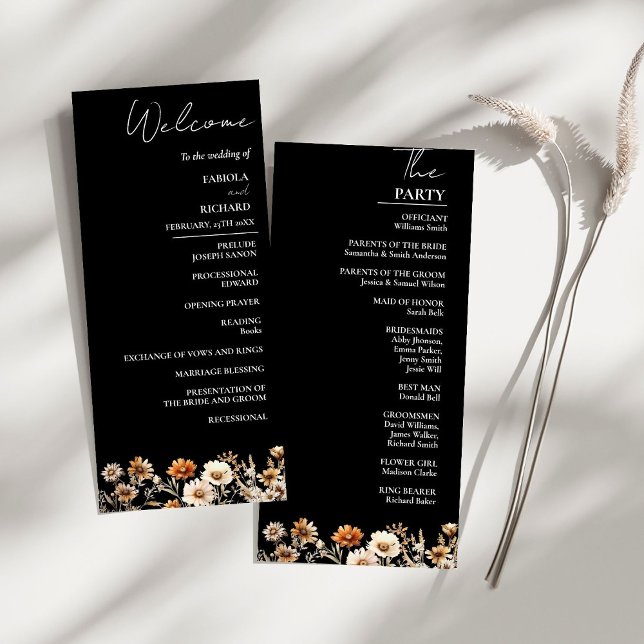 Elegant Black Wildflower Wedding Program Card (Creator Uploaded)
