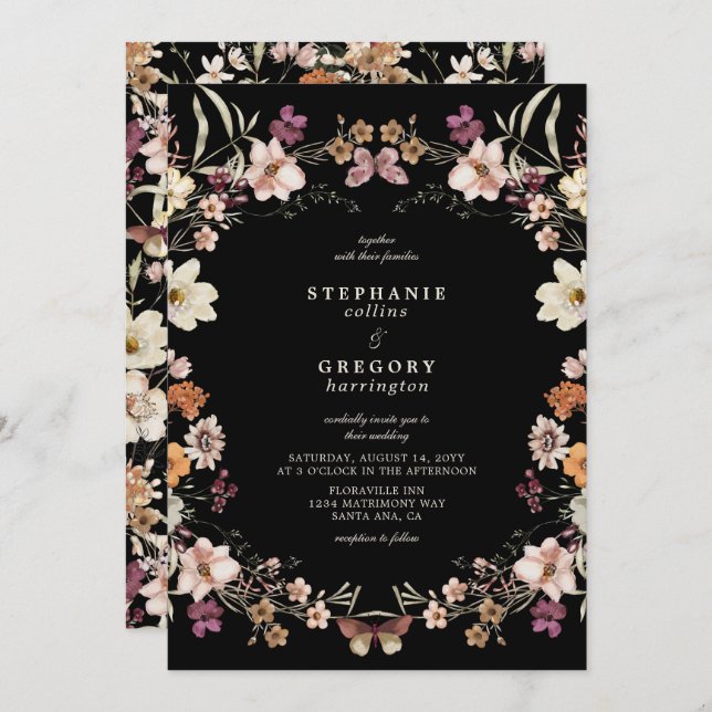 Elegant Black Wildflowers Wedding Invitation (Front/Back)