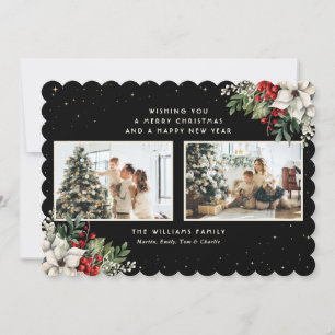 Elegant Black Winter Botanicals 2 Photo Holiday Card