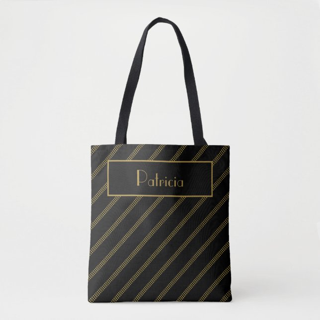Elegant Black With Diagonal Dotted Golden Lines Tote Bag (Front)