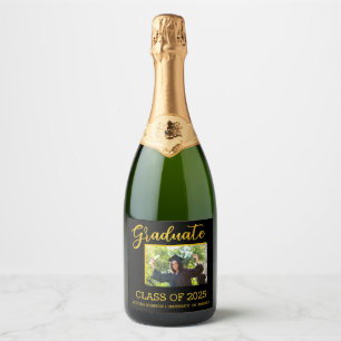 Elegant Black with Gold Glitter Graduate Photo Sparkling Wine Label
