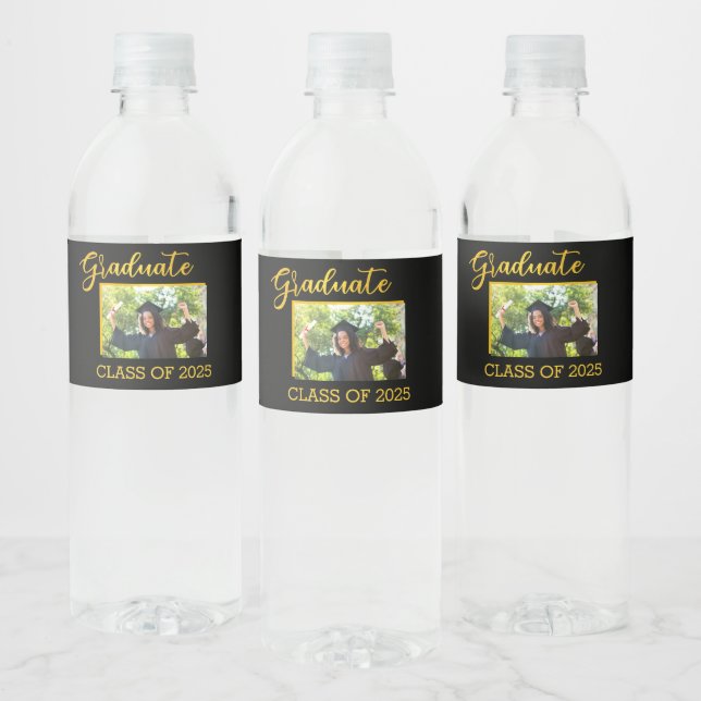Elegant Black with Gold Glitter Graduate Photo Water Bottle Label (Bottles)
