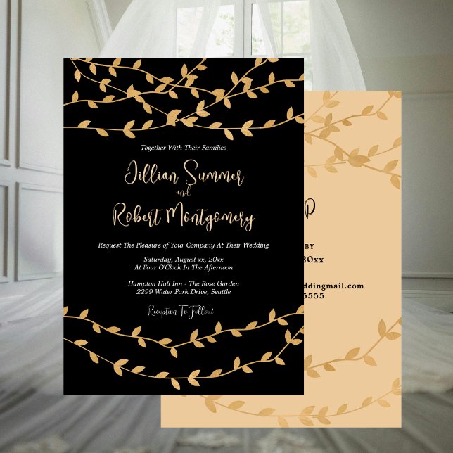 Elegant Black with Gold Leaves Wedding Invitation (Elegant Black with Gold Leaves Wedding Invitation)