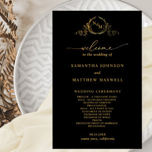 Elegant Black with Gold Monogram Wedding Program