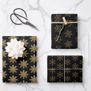Elegant Black With Gold Snowflake Patterns Wrapping Paper Sheet