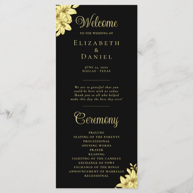 Elegant Black with Gold Typography Wedding Programme (Front)