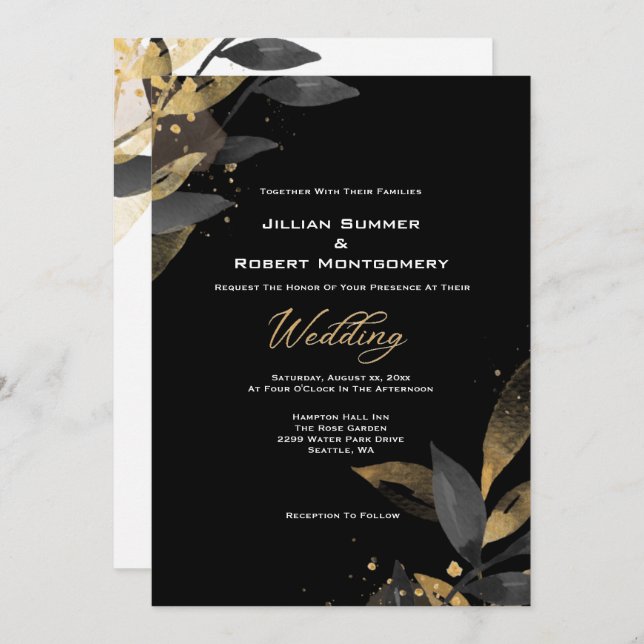 Elegant Black With Gold Wedding  Invitation (Front/Back)