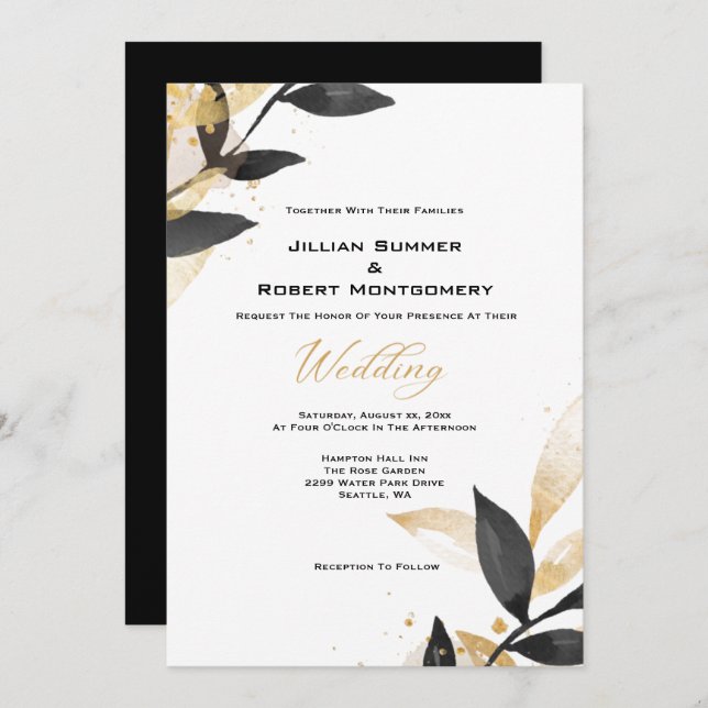 Elegant Black With Gold Wedding Invitation (Front/Back)