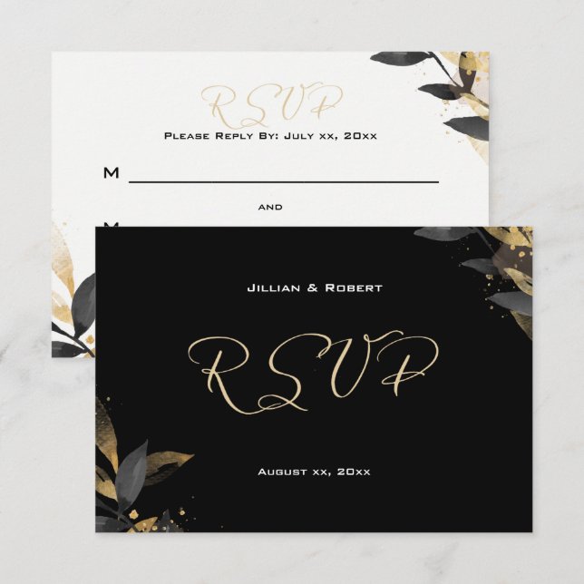 Elegant Black With Gold Wedding RSVP Card (Front/Back)