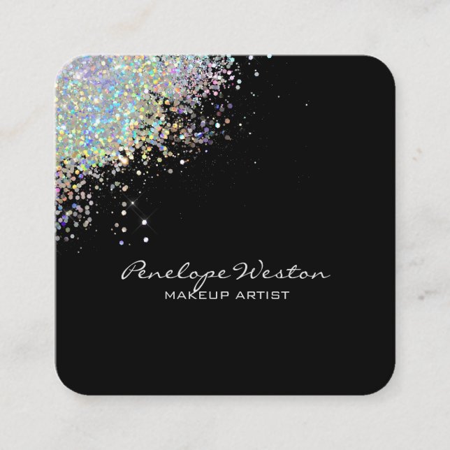 Elegant Black with Silver Glitter Splash Square Business Card (Front)