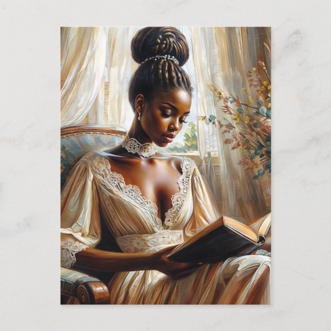 Elegant Black Woman Reading Vintage Style Postcard (Front)