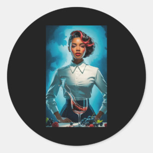 Elegant black woman red wine splash grapes art classic round sticker