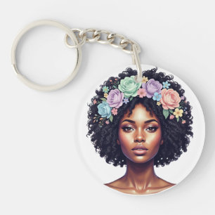 Elegant Black Woman With Flower Headband Afro Key Ring