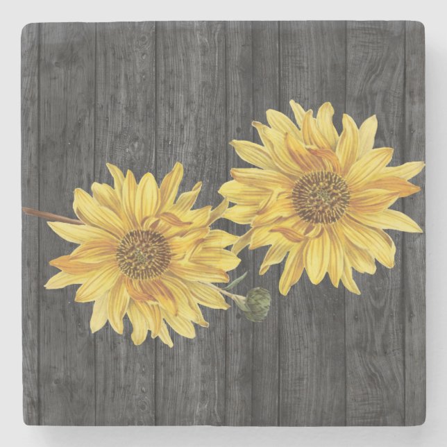 Elegant Black Wood Grain and Sunflower Coaster (Front)