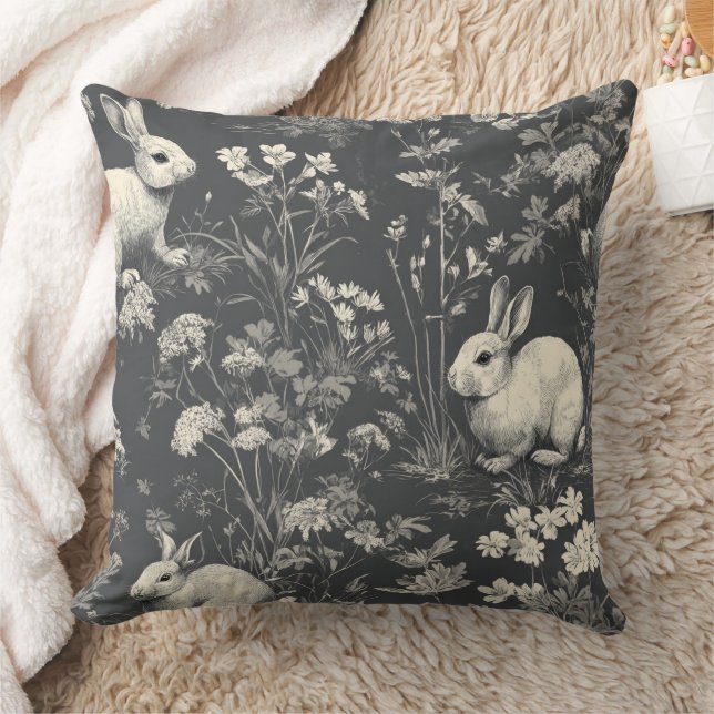 Elegant Black Woodland Rabbit Toile Pattern Cushion (Blanket)