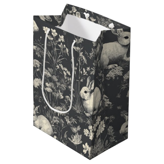 Elegant Black Woodland Rabbit Toile Pattern Medium Gift Bag (Front Angled)