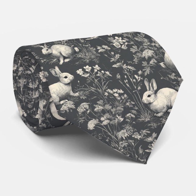 Elegant Black Woodland Rabbit Toile Pattern Tie (Rolled)