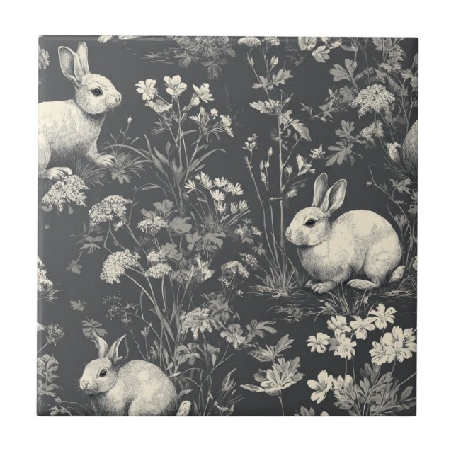 Elegant Black Woodland Rabbit Toile Pattern Tile (Front)