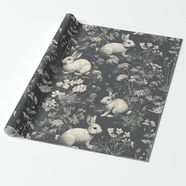 Elegant Black Woodland Rabbit Toile Pattern Wrapping Paper (Unrolled)