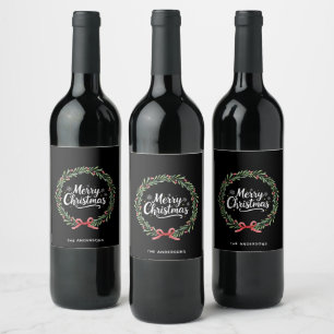 Elegant Black Wreath Merry Christmas Script Wine Label