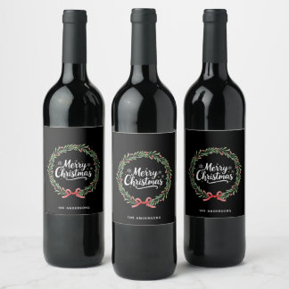 Elegant Black Wreath Merry Christmas Script Wine Label