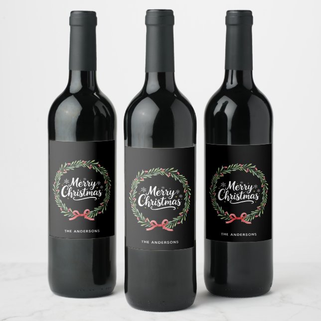 Elegant Black Wreath Merry Christmas Script Wine Label (Bottles)