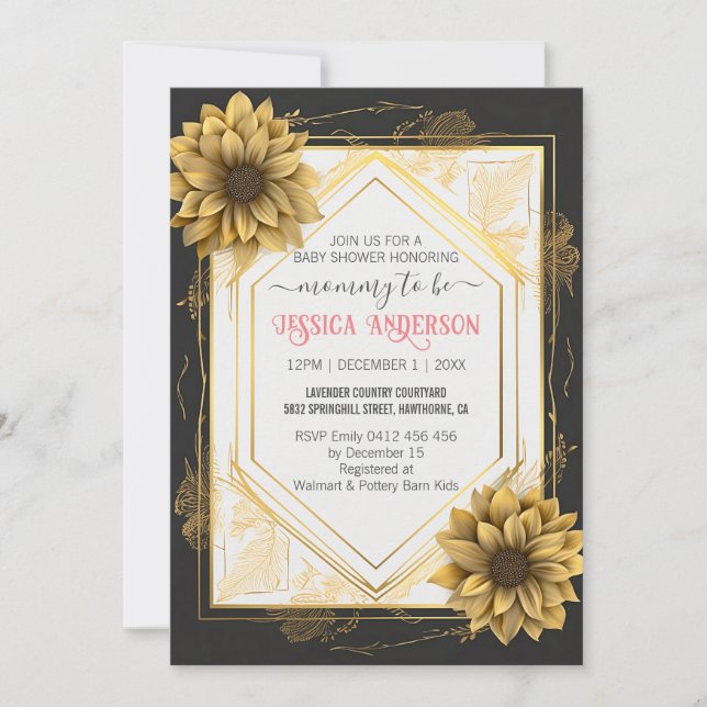 Elegant Black Yellow Baby Shower Sunflower Frame Invitation (Front)