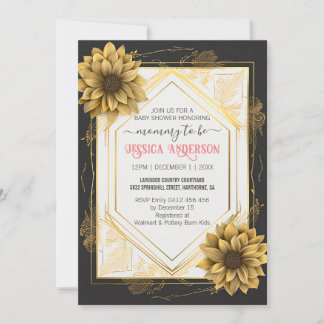Elegant Black Yellow Baby Shower Sunflower Frame Invitation