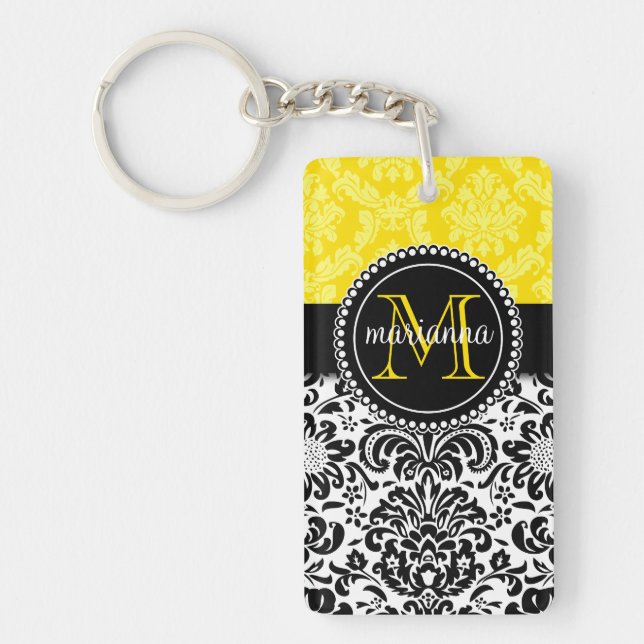 Elegant Black Yellow Damask Personalised Key Ring (Front)