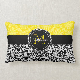 Elegant Black Yellow Damask Personalised Lumbar Cushion