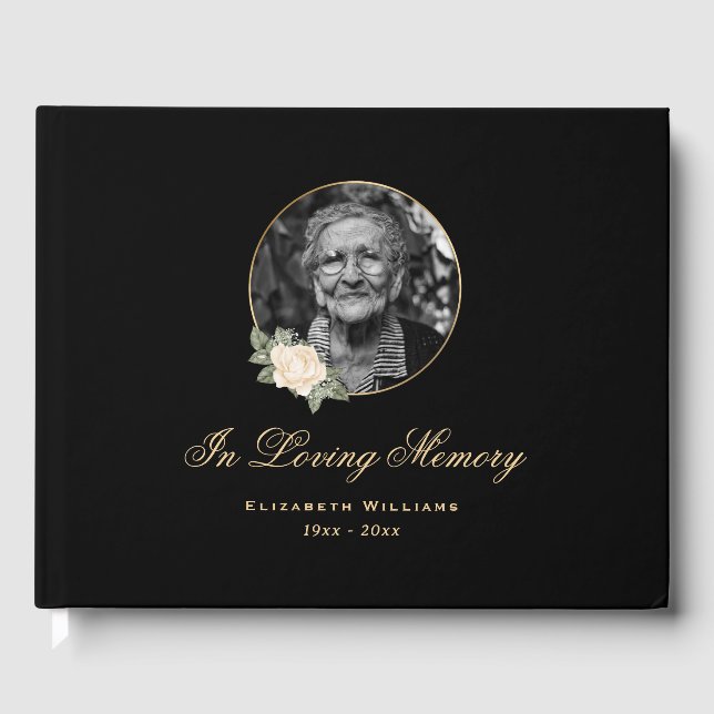 Elegant Black Yellow Rose Floral Funeral Photo Guest Book (Front)