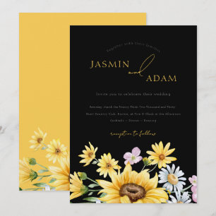 Elegant Black Yellow Sunflowers Floral Wedding Invitation