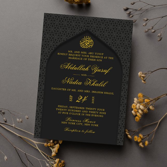 Elegant Black & Yellow Walima Islamic Wedding Invitation (Creator Uploaded)