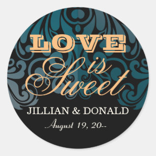 Elegant Black Zircon Damask Monogram Favour Classic Round Sticker