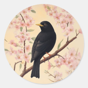 Elegant Blackbird on Blossoms Classic Round Sticker
