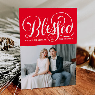 Elegant Blessed Hand-Lettered Script Red Photo Holiday Card