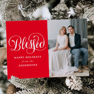 Elegant Blessed Hand-Lettered Script Red Photo Holiday Card