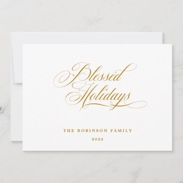 Elegant Blessed Holidays Gold Script Typography Holiday Card (Front)