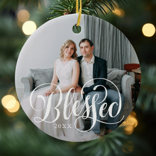 Elegant Blessed Script Photo Ceramic Tree Decoration