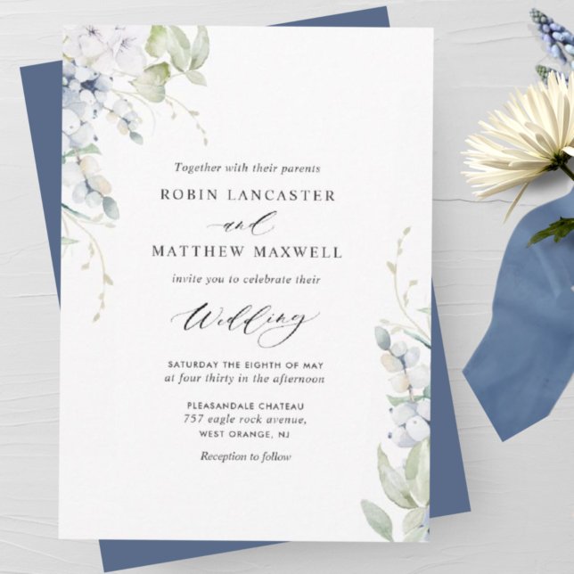 Elegant Bliss, Navy Blue White Floral Wedding Invitation (Creator Uploaded)